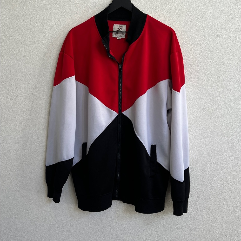 MONARCHY Geo Colorblock Graphic Print Back Sweatshirt Jacket Black/White/Red XXL